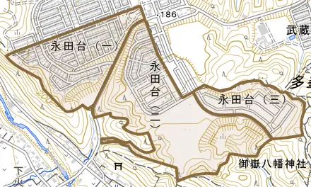 永田台とその周辺の地図。町の範囲を重ねている