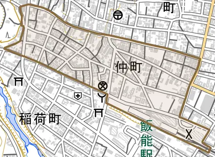 仲町とその周辺の地図。町の範囲を重ねている