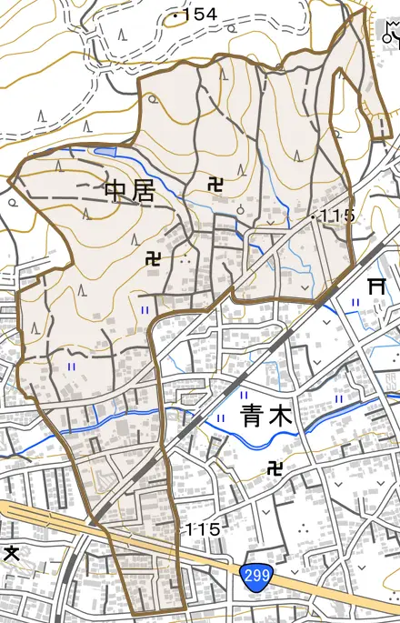 大字中居とその周辺の地図。町の範囲を重ねている