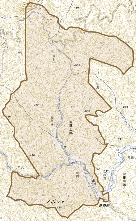 大字中藤上郷とその周辺の地図。町の範囲を重ねている