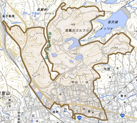大字中山とその周辺の地図。町の範囲を重ねている