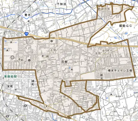 大字双柳とその周辺の地図。町の範囲を重ねている