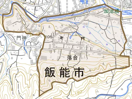 大字落合とその周辺の地図。町の範囲を重ねている