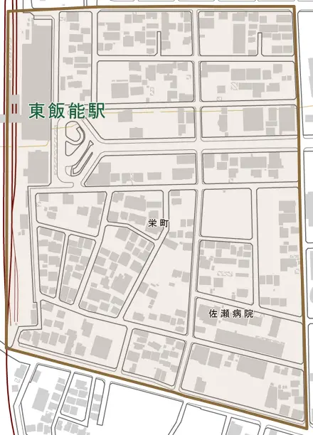 栄町とその周辺の地図。町の範囲を重ねている