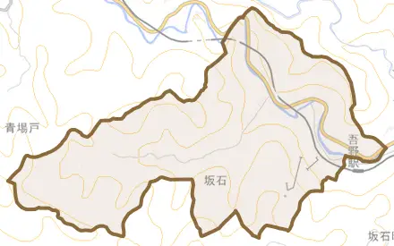 大字坂石とその周辺の地図。町の範囲を重ねている