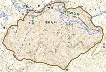 大字坂石町分とその周辺の地図。町の範囲を重ねている