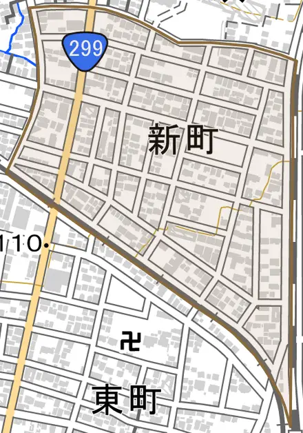 新町とその周辺の地図。町の範囲を重ねている