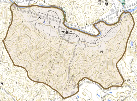 大字下赤工とその周辺の地図。町の範囲を重ねている