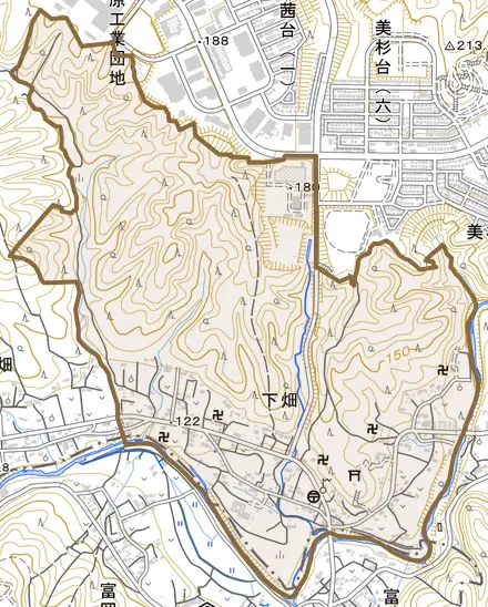 大字下畑とその周辺の地図。町の範囲を重ねている