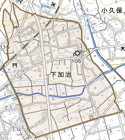 大字下加治とその周辺の地図。町の範囲を重ねている