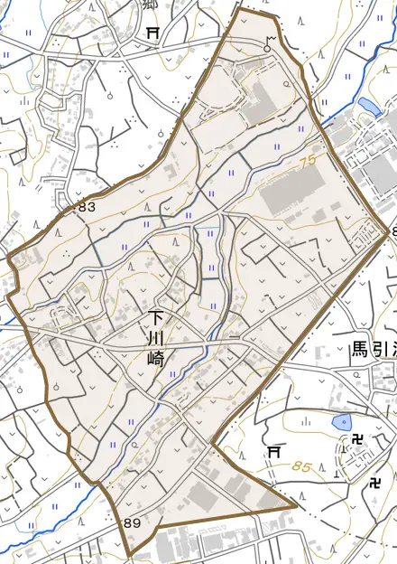 大字下川崎とその周辺の地図。町の範囲を重ねている