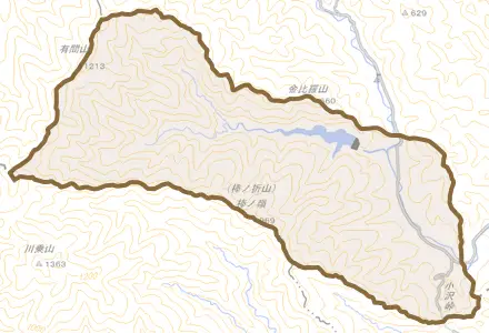 大字下名栗とその周辺の地図。町の範囲を重ねている