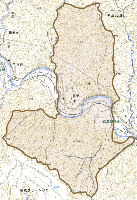 大字白子とその周辺の地図。町の範囲を重ねている