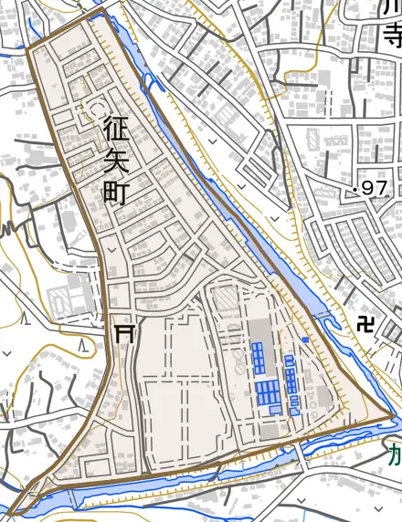 征矢町とその周辺の地図。町の範囲を重ねている