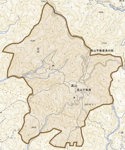 大字高山とその周辺の地図。町の範囲を重ねている