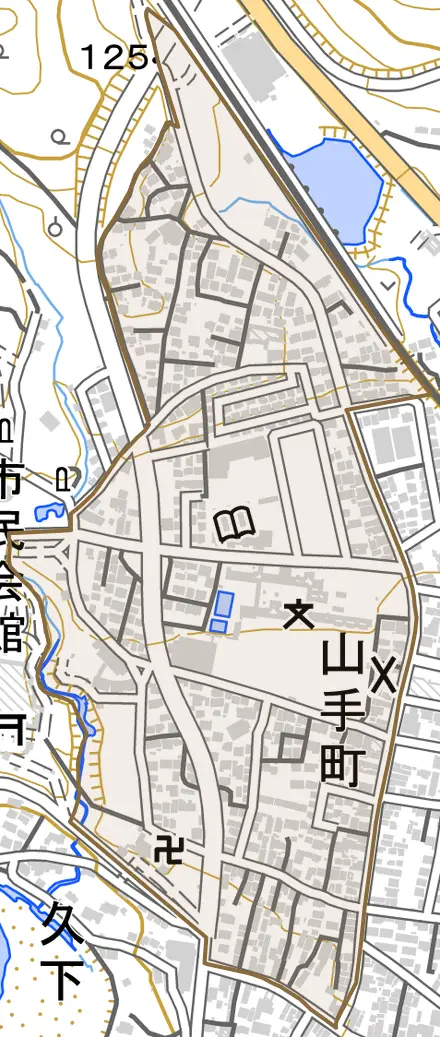 山手町とその周辺の地図。町の範囲を重ねている