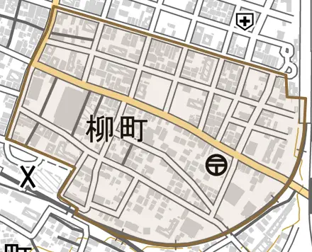 柳町とその周辺の地図。町の範囲を重ねている