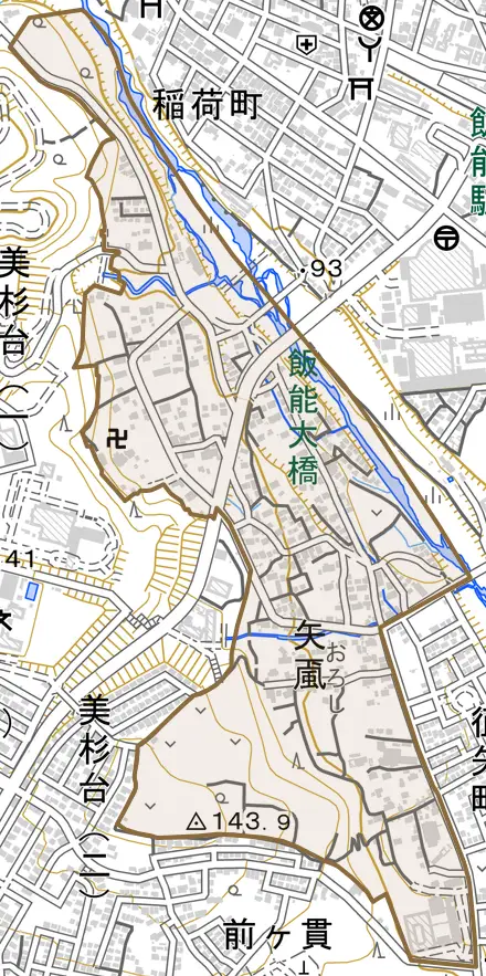 大字矢颪とその周辺の地図。町の範囲を重ねている