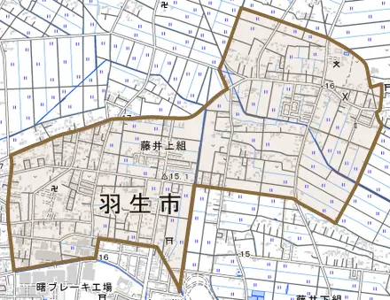 大字藤井上組とその周辺の地図。町の範囲を重ねている