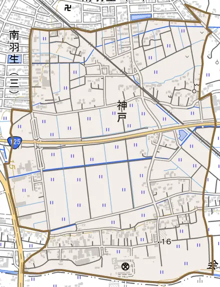 大字神戸とその周辺の地図。町の範囲を重ねている