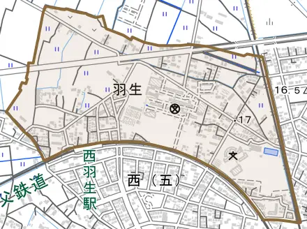 大字羽生とその周辺の地図。町の範囲を重ねている