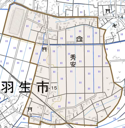 大字秀安とその周辺の地図。町の範囲を重ねている