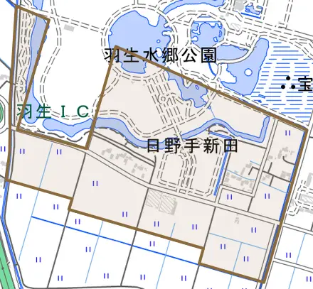 大字日野手新田とその周辺の地図。町の範囲を重ねている