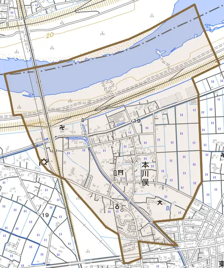 大字本川俣とその周辺の地図。町の範囲を重ねている