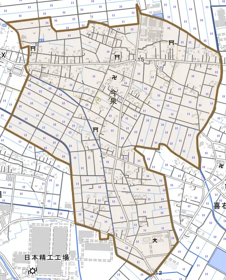 大字今泉とその周辺の地図。町の範囲を重ねている