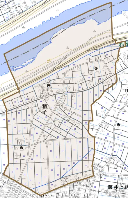大字稲子とその周辺の地図。町の範囲を重ねている