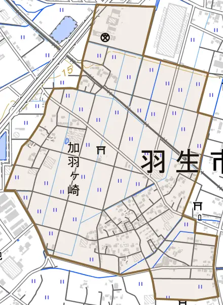 大字加羽ケ崎とその周辺の地図。町の範囲を重ねている