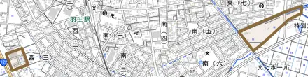 大字上羽生とその周辺の地図。町の範囲を重ねている