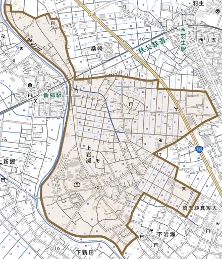 大字上岩瀬とその周辺の地図。町の範囲を重ねている