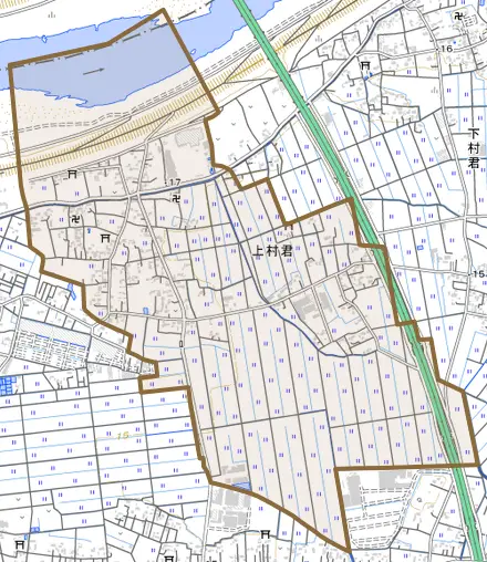 大字上村君とその周辺の地図。町の範囲を重ねている