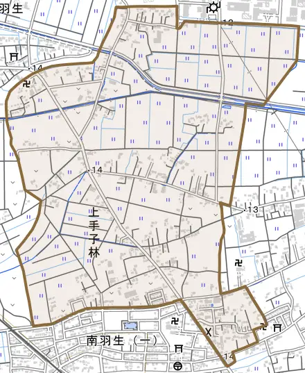 大字上手子林とその周辺の地図。町の範囲を重ねている