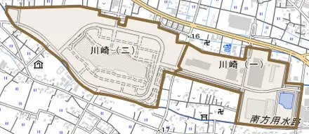 川崎とその周辺の地図。町の範囲を重ねている