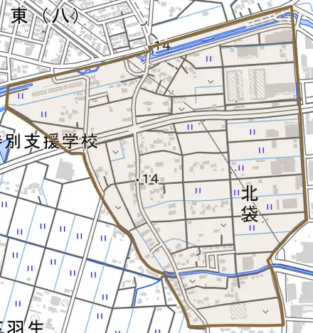 大字北袋とその周辺の地図。町の範囲を重ねている