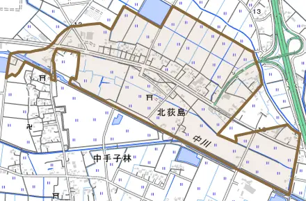 大字北荻島とその周辺の地図。町の範囲を重ねている