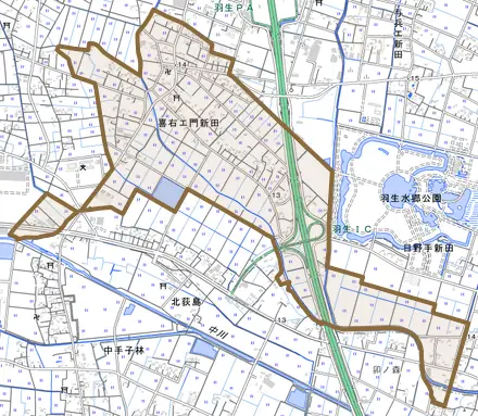 大字喜右エ門新田とその周辺の地図。町の範囲を重ねている