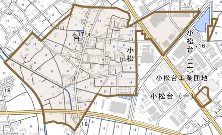 大字小松とその周辺の地図。町の範囲を重ねている