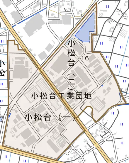 小松台とその周辺の地図。町の範囲を重ねている