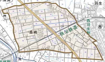 大字桑崎とその周辺の地図。町の範囲を重ねている