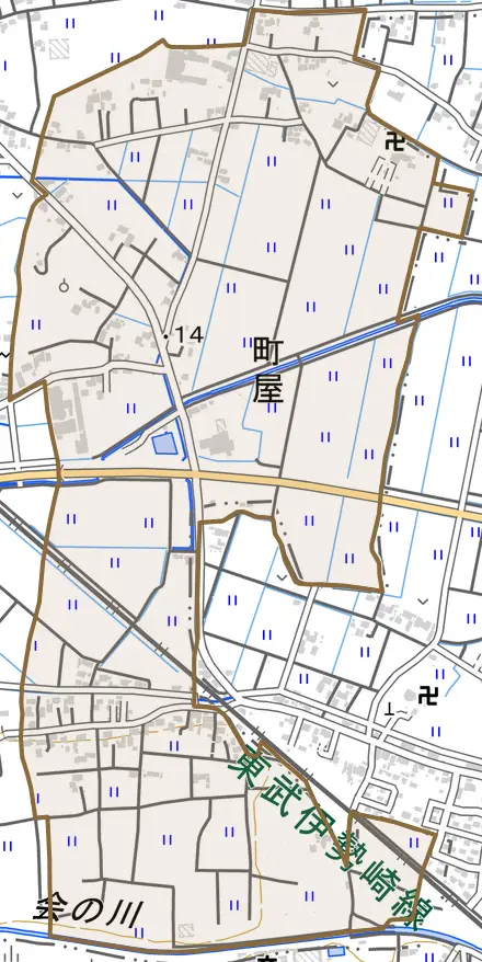 大字町屋とその周辺の地図。町の範囲を重ねている