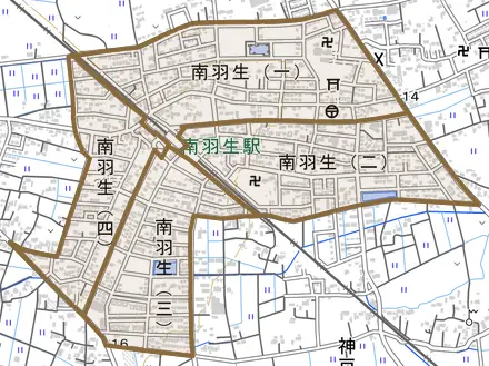 南羽生とその周辺の地図。町の範囲を重ねている