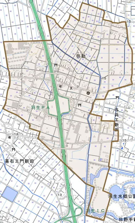 大字弥勒とその周辺の地図。町の範囲を重ねている