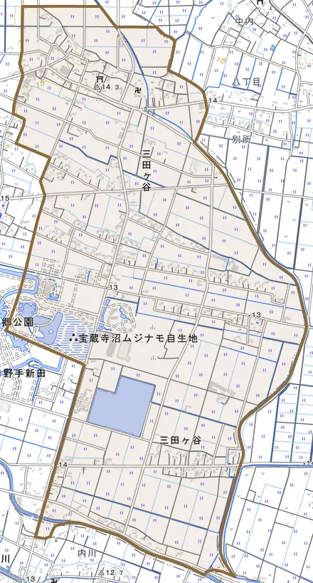 大字三田ケ谷とその周辺の地図。町の範囲を重ねている