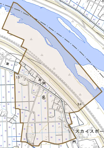 大字名とその周辺の地図。町の範囲を重ねている