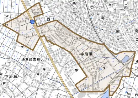 大字中岩瀬とその周辺の地図。町の範囲を重ねている