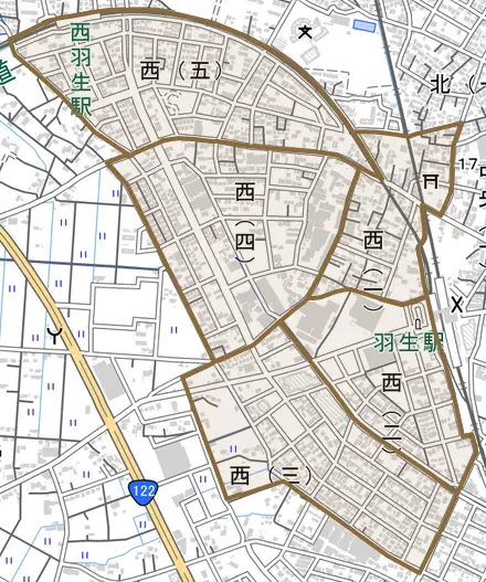 西とその周辺の地図。町の範囲を重ねている