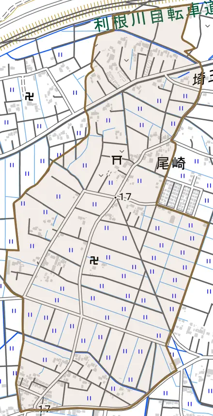 大字尾崎とその周辺の地図。町の範囲を重ねている